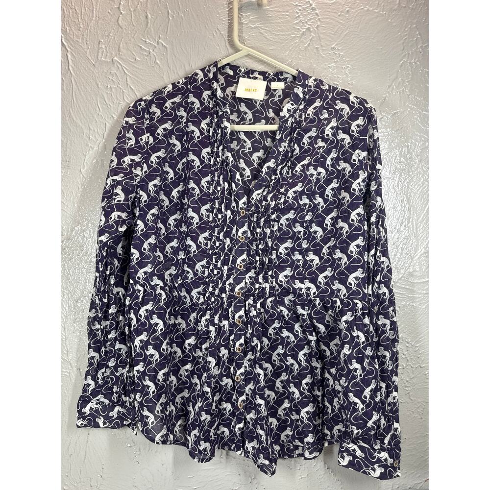 Anthropologie Maeve Popover Monkey Print Blouse Eggplant Purple & Beige Size 8